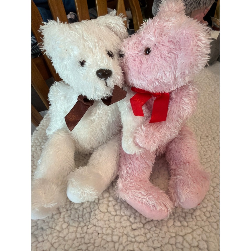Macy's Teddy Bear Plush Set White and Pink Shaggy Stuffed Animals with Bows 2pc